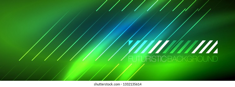Líneas tecno brillantes neón, plantilla de fondo abstracto de alta tecnología futurista con líneas. Ilustración del vector