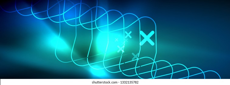 Neon glowing techno lines, hi-tech futuristic abstract background template with square shapes