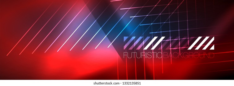 Neon linhas de tecno brilhantes, modelo de fundo abstrato futurista de alta tecnologia com linhas. Ilustração vetorial