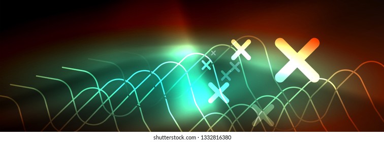Neon glowing techno lines, hi-tech futuristic abstract background template with square shapes
