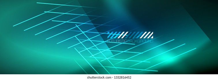 Líneas tecno brillantes neón, plantilla de fondo abstracto de alta tecnología futurista con líneas. Ilustración del vector