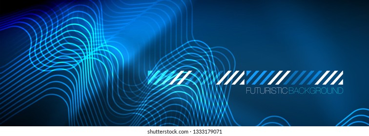 Neon glowing techno lines, hi-tech futuristic abstract background template with square shapes