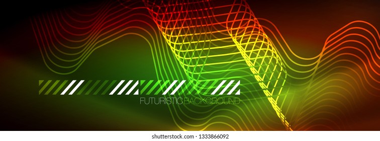 Neon glowing techno lines, hi-tech futuristic abstract background template with square shapes
