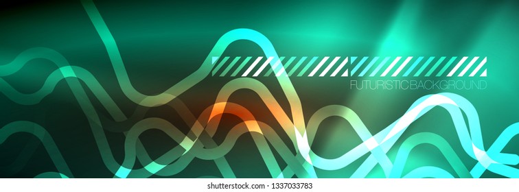 Neon glowing techno lines, hi-tech futuristic abstract background template with square shapes