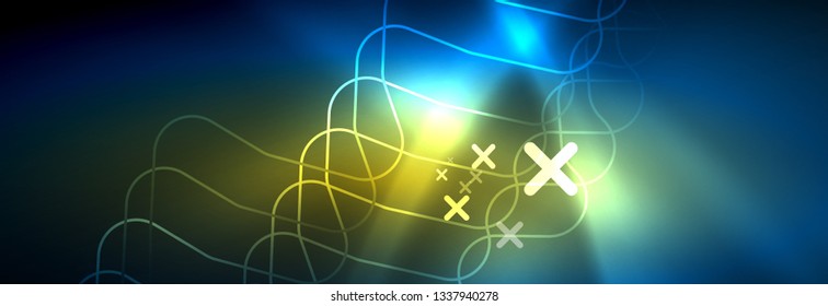 Neon glowing techno lines, hi-tech futuristic abstract background template with square shapes