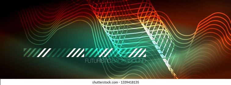 Neon glowing techno lines, hi-tech futuristic abstract background template with square shapes