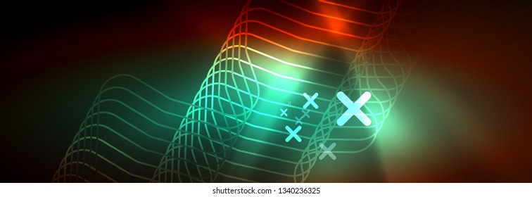 Neon glowing techno lines, hi-tech futuristic abstract background template with square shapes