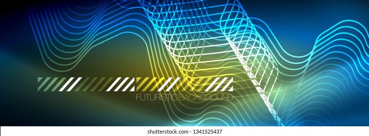 Neon glowing techno lines, hi-tech futuristic abstract background template with square shapes
