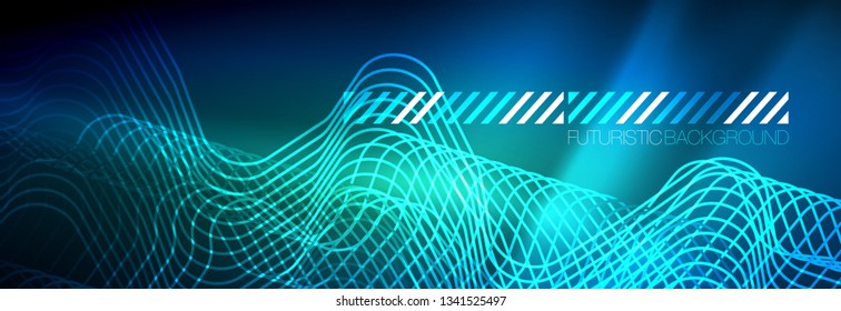 Neon glowing techno lines, hi-tech futuristic abstract background template with square shapes