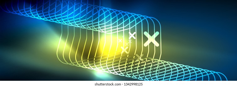 Neon glowing techno lines, hi-tech futuristic abstract background template with square shapes