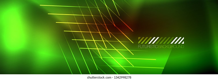 Líneas tecno brillantes neón, plantilla de fondo abstracto de alta tecnología futurista con líneas. Ilustración del vector