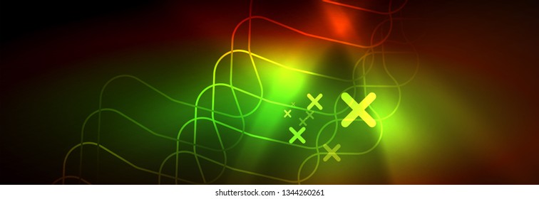 Neon glowing techno lines, hi-tech futuristic abstract background template with square shapes