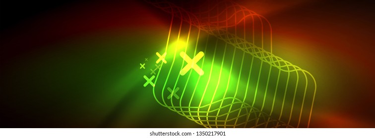 Neon glowing techno lines, hi-tech futuristic abstract background template with square shapes
