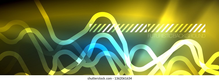 Neon glowing techno lines, hi-tech futuristic abstract background template with square shapes