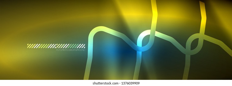 Neon glowing techno lines, hi-tech futuristic abstract background template with square shapes