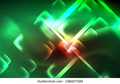 Neon glowing techno lines, hi-tech futuristic abstract background template with square shapes and lines