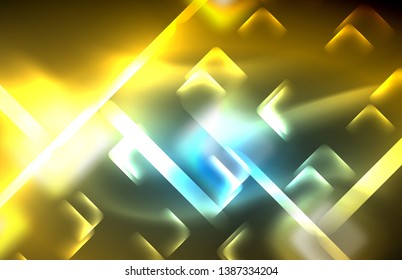 Neon glowing techno lines, hi-tech futuristic abstract background template with square shapes and lines