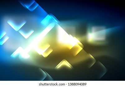 Líneas tecno brillantes de neón, plantilla de fondo abstracto de alta tecnología futurista con formas cuadradas y líneas