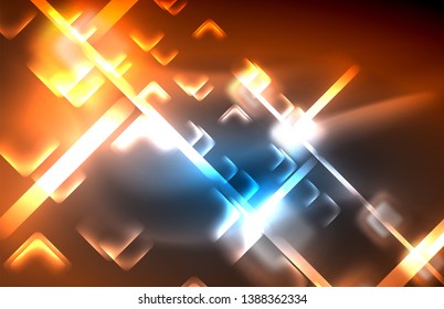 Neon glowing techno lines, hi-tech futuristic abstract background template with square shapes and lines