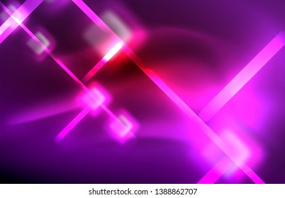 Neon glowing techno lines, hi-tech futuristic abstract background template with square shapes and lines