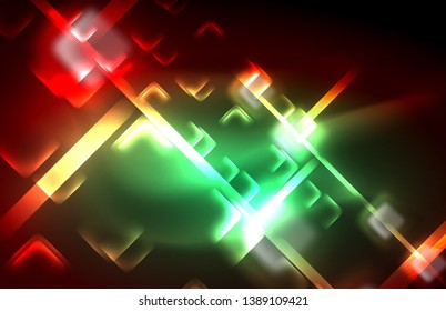 Neon glowing techno lines, hi-tech futuristic abstract background template with square shapes and lines