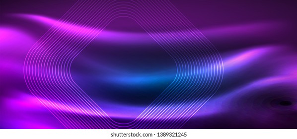 Líneas tecno brillantes de neón, plantilla de fondo abstracto de alta tecnología futurista con formas cuadradas, diseño vectorial