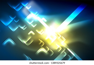 Neon glowing techno lines, hi-tech futuristic abstract background template with square shapes and lines