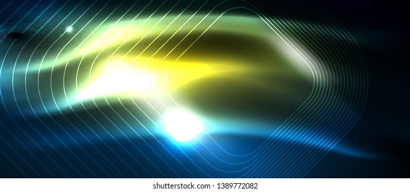 Líneas tecno brillantes de neón, plantilla de fondo abstracto de alta tecnología futurista con formas cuadradas, diseño vectorial