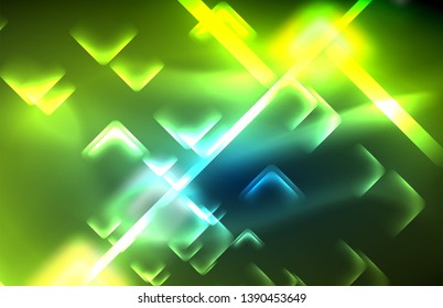 Neon glowing techno lines, hi-tech futuristic abstract background template with square shapes and lines