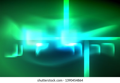 Neon glowing techno lines, hi-tech futuristic abstract background template with square shapes and lines