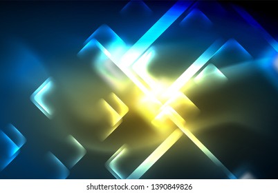 Neon glowing techno lines, hi-tech futuristic abstract background template with square shapes and lines