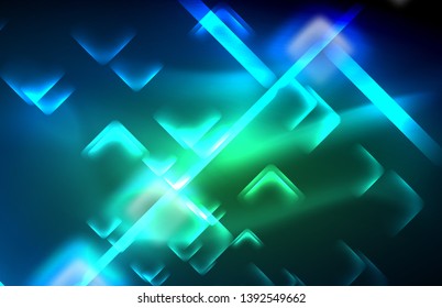 Neon glowing techno lines, hi-tech futuristic abstract background template with square shapes and lines