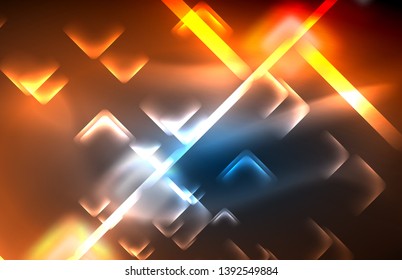 Neon glowing techno lines, hi-tech futuristic abstract background template with square shapes and lines