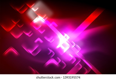 Neon glowing techno lines, hi-tech futuristic abstract background template with square shapes and lines