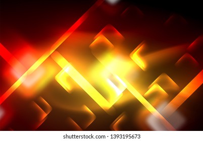 Neon glowing techno lines, hi-tech futuristic abstract background template with square shapes and lines