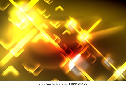 Neon glowing techno lines, hi-tech futuristic abstract background template with square shapes and lines