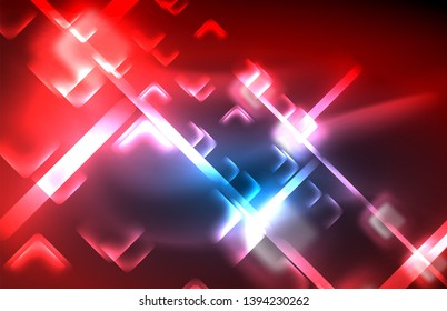Neon glowing techno lines, hi-tech futuristic abstract background template with square shapes and lines