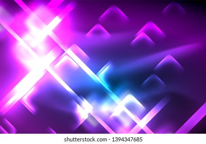 Neon glowing techno lines, hi-tech futuristic abstract background template with square shapes and lines
