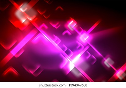 Neon glowing techno lines, hi-tech futuristic abstract background template with square shapes and lines