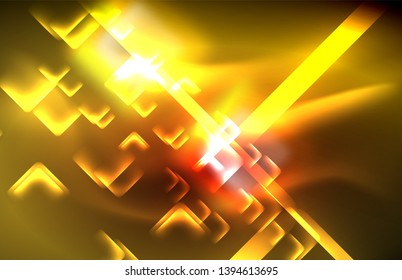 Neon glowing techno lines, hi-tech futuristic abstract background template with square shapes and lines