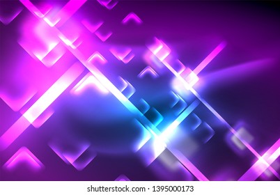 Neon glowing techno lines, hi-tech futuristic abstract background template with square shapes and lines