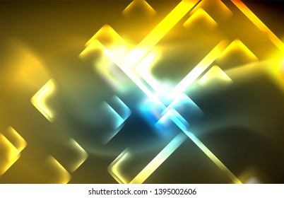 Líneas tecno brillantes de neón, plantilla de fondo abstracto de alta tecnología futurista con formas cuadradas y líneas