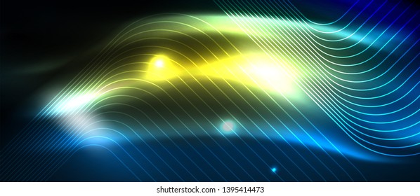 Neon glowing techno lines, hi-tech futuristic abstract background template with square shapes, vector design