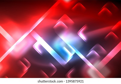 Neon glowing techno lines, hi-tech futuristic abstract background template with square shapes and lines
