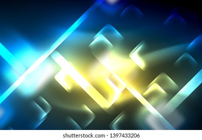 Neon glowing techno lines, hi-tech futuristic abstract background template with square shapes and lines