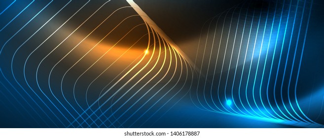 Líneas tecno brillantes neón, plantilla de fondo abstracto de alta tecnología futurista