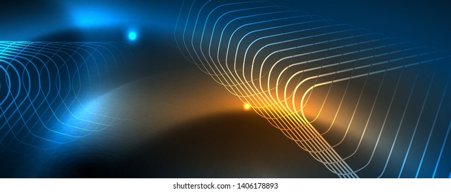 Líneas tecno brillantes neón, plantilla de fondo abstracto de alta tecnología futurista