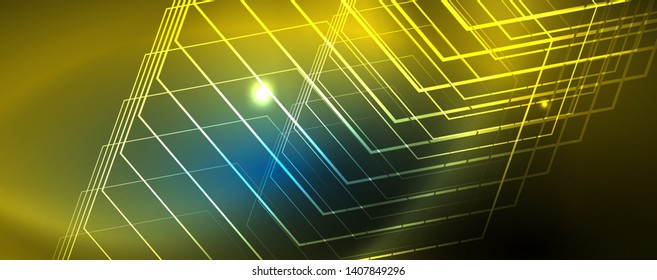 Líneas tecno brillantes neón, plantilla de fondo abstracto de alta tecnología futurista