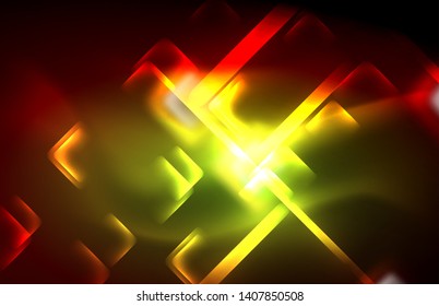 Neon glowing techno lines, hi-tech futuristic abstract background template with square shapes and lines