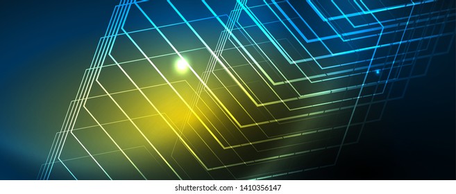 Líneas tecno brillantes neón, plantilla de fondo abstracto de alta tecnología futurista